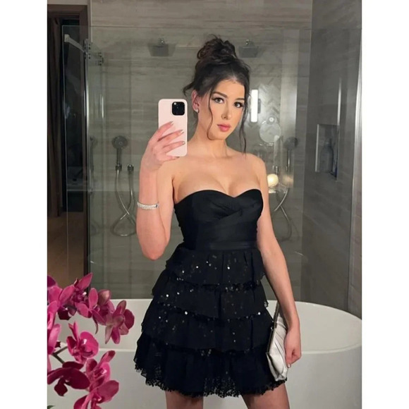 NEW BCBGMaxAzria Black Strapless Sequined Cocktail Dress $328 - Picture 2 of 12